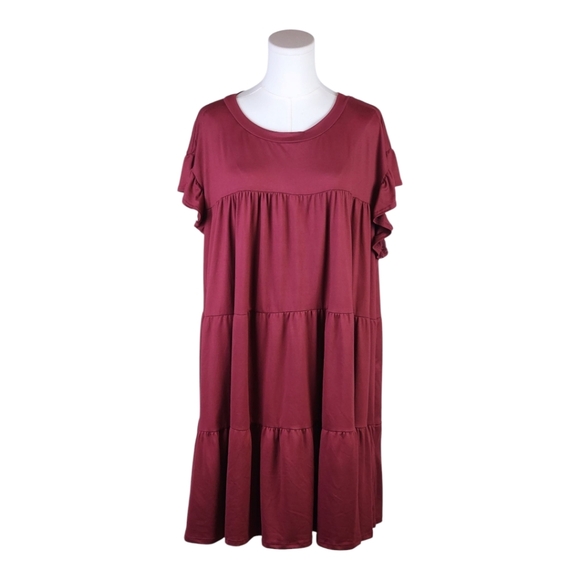 Entro Burgundy Tiered Ruffle Sleeve Midi Dress Size Large Made in USA - Picture 1 of 7